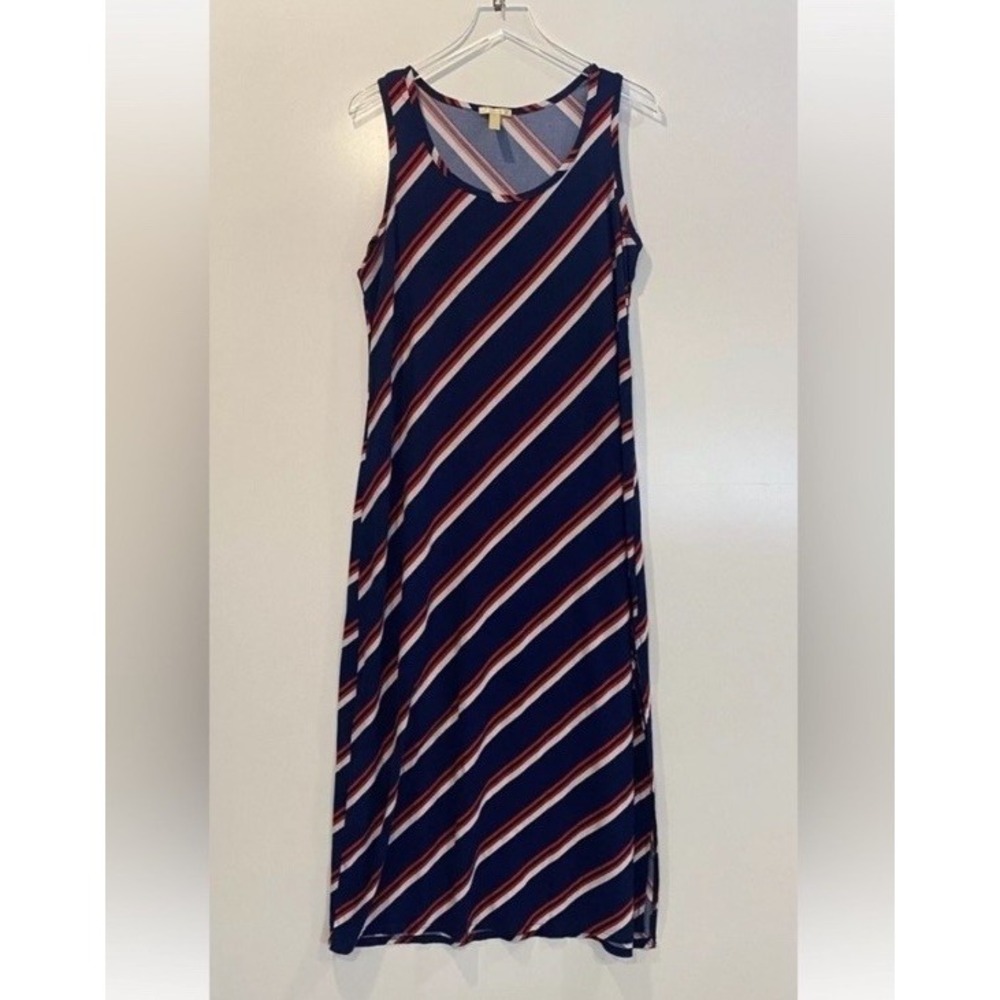NYC Women Navy Blue Red White Diagonal Stripe Sleeveless Maxi Tank Dress 1X